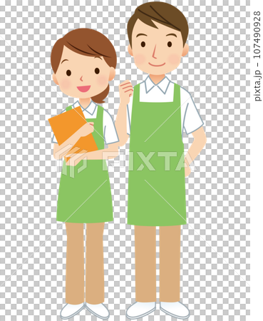 エプロンをつけた男女　介護士　ヘルパー 107490928