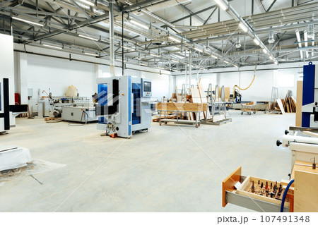 Interior of large workshop of contemporary furniture factory Interior of large workshop of contemporary furniture factory 107491348