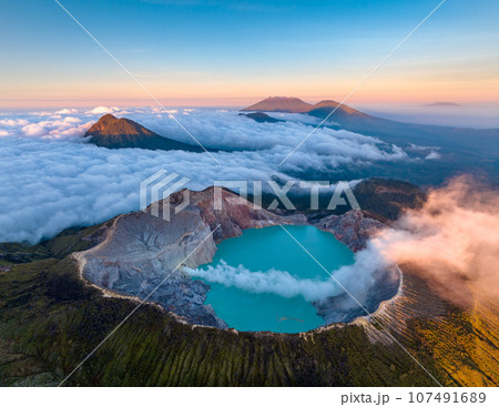 Aerial view of mount Kawah Ijen volcano crater at sunrise, East Java, Indonesia Aerial view of mount Kawah Ijen volcano crater at sunrise, East Java, Indonesia 107491689