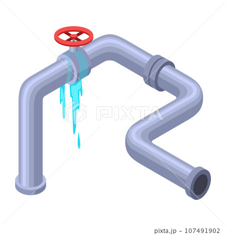 Leaking pipes isometric. Broken pipe tube with leaking water. Plumbing construction pipeline with damage element. 3d industrial water system Leaking pipes isometric. Broken pipe tube with leaking water. Plumbing construction pipeline with damage element. 3d industrial water system 107491902