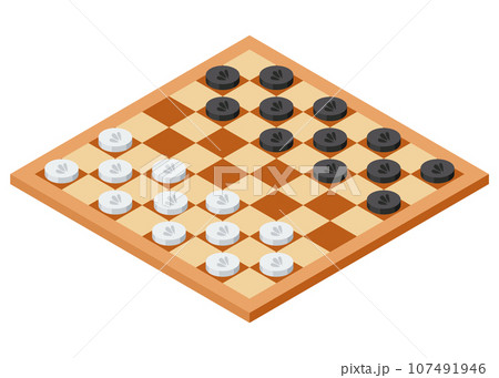 Board game, flat isometric view. Isolated colored icon of checkerboard. Cartoon family table game for adults and kids for leisure and recreation. Vector illustration Board game, flat isometric view. Isolated colored icon of checkerboard. Cartoon family table game for adults and kids for leisure and recreation. Vector illustration 107491946