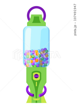 Gumball machine icon. Transparent round glass candy dispenser with colorful bubble gum. Vending machine. Container sweets balls penny coin. Vector illustration isolated on white Gumball machine icon. Transparent round glass candy dispenser with colorful bubble gum. Vending machine. Container sweets balls penny coin. Vector illustration isolated on white 107491947