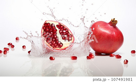 Isolate Juicy pomegranate with splashing water on white background Isolate Juicy pomegranate with splashing water on white background 107491981