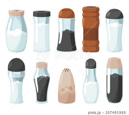 Salt and pepper icon set. Glass jars, saltcellar with kitchen seasonings, flavoring for sprinkling spicy powder. Ingredients, condiments for food. Vector illustration of spice powder food 107491988
