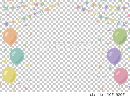 ガーランドと風船と紙吹雪のフレーム素材 くすみカラー 白背景 ガーランドと風船と紙吹雪のフレーム素材 くすみカラー 白背景 107492074