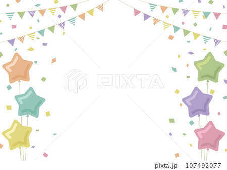 星型の風船とガーランドと紙吹雪のフレーム素材　くすみカラー　白背景 107492077