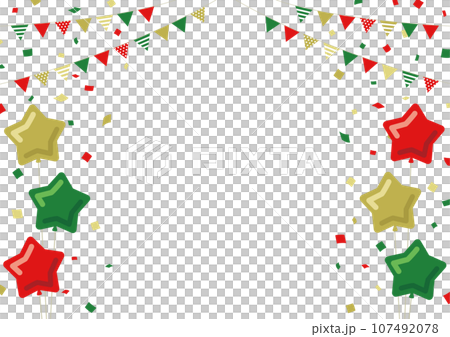 星形氣球、花圈和五彩紙屑的框架材料，聖誕色，白色背景 107492078