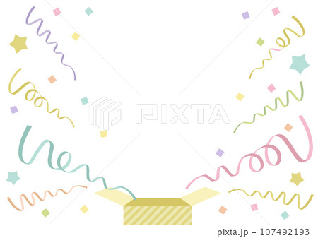 プレゼント箱からリボンと紙吹雪が飛び出すフレームイラスト　くすみカラー　キャンペーン素材 107492193