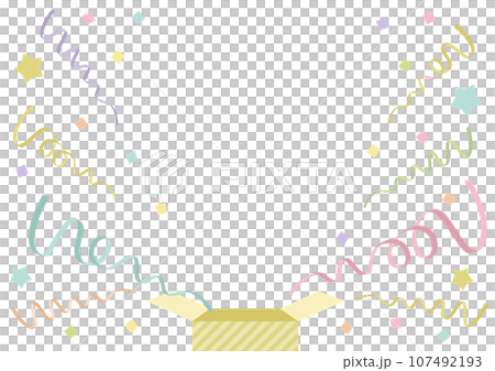 プレゼント箱からリボンと紙吹雪が飛び出すフレームイラスト　くすみカラー　キャンペーン素材 107492193