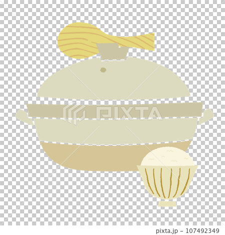 手繪風格向量圖的陶罐，蓋子上放著飯勺，碗裡放著米飯 107492349