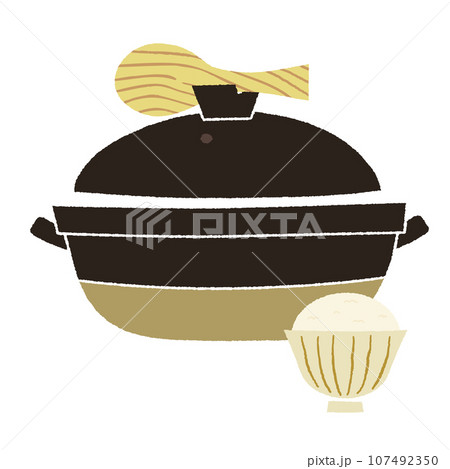 蓋にしゃもじが置かれた土鍋とお茶碗に入ったご飯の手描き風ベクターイラスト 蓋にしゃもじが置かれた土鍋とお茶碗に入ったご飯の手描き風ベクターイラスト 107492350