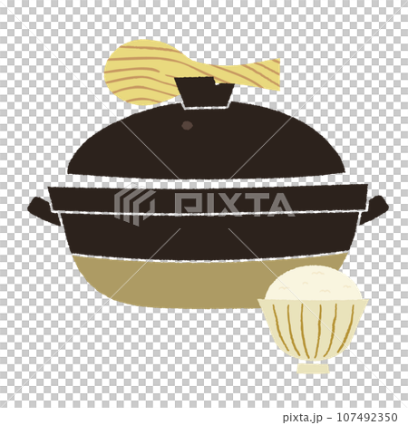 蓋にしゃもじが置かれた土鍋とお茶碗に入ったご飯の手描き風ベクターイラスト 蓋にしゃもじが置かれた土鍋とお茶碗に入ったご飯の手描き風ベクターイラスト 107492350