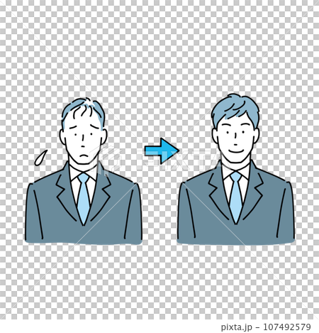 A man who is worried about thinning hair and a man who is happy to have his hair resolved 107492579