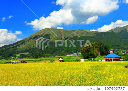 【熊本県】晴天の南阿蘇鉄道トロッコ列車と阿蘇山（白水高原駅） 107492727