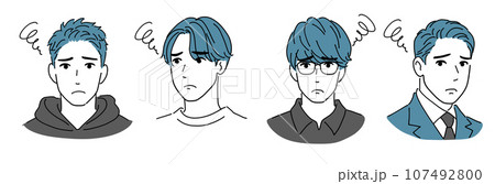 色々なヘアスタイルの若い男性　困る・悩む 107492800