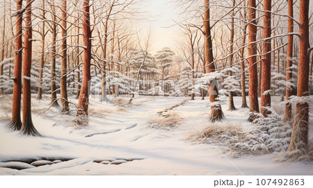 色鉛筆で描かれた冬の森の風景のバナー用背景素材のイラスト素材