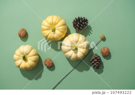 Top view of mini pumpkins decorated with dry pine cones and walnuts on a green background. Unique decoration ideas, warm autumn and happy Thanksgiving Top view of mini pumpkins decorated with dry pine cones and walnuts on a green background. Unique decoration ideas, warm autumn and happy Thanksgiving 107493222