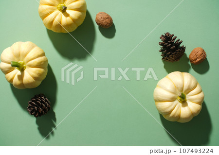 Against the green background, mini pumpkins, dry pine cones and walnuts decorated. Blank space in the middle for design. Top view, minimalist scene for Autumn decoration Against the green background, mini pumpkins, dry pine cones and walnuts decorated. Blank space in the middle for design. Top view, minimalist scene for Autumn decoration 107493224