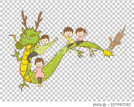 A family of four and a dog riding on the back of a dragon (no text) 107493592