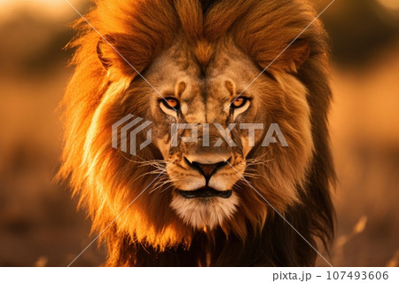 Lion on the hunt in the African landscape 107493606