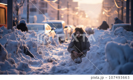 大雪で交通渋滞の大都市で雪の上に思わず座り込んでしまう女性