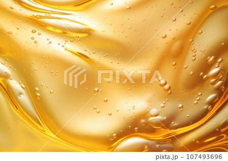 Oil bubbles background, gold liquid with golden drops. 107493696