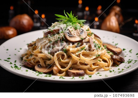 Pasta with mushrooms on plate 107493698