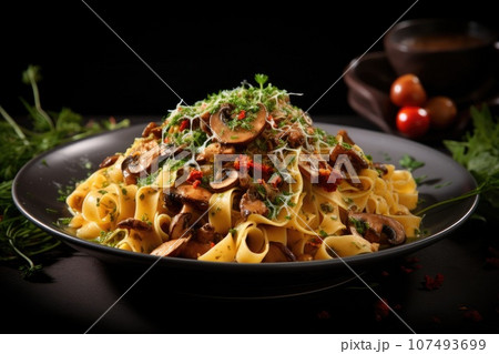 Pasta with mushrooms on plate 107493699