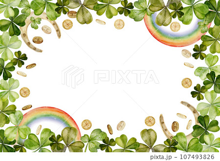 Watercolor hand drawn illustration, Saint Patrick holiday. Leprechaun gold coins, green lucky clover, rainbow Ireland tradition. Frame Isolated on white background. Invitations, print, website, cards. Watercolor hand drawn illustration, Saint Patrick holiday. Leprechaun gold coins, green lucky clover, rainbow Ireland tradition. Frame Isolated on white background. Invitations, print, website, cards. 107493826