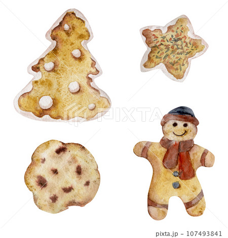 Hand drawn watercolor illustration. Homemade shortbread cookies, gingerbread man, tree, glazed star, Christmas ornament. Single object isolated on white background. Bakery shop, logo, print, card Hand drawn watercolor illustration. Homemade shortbread cookies, gingerbread man, tree, glazed star, Christmas ornament. Single object isolated on white background. Bakery shop, logo, print, card 107493841