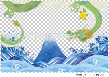 Japanese style blue waves and green dragon watercolor frame 107493847