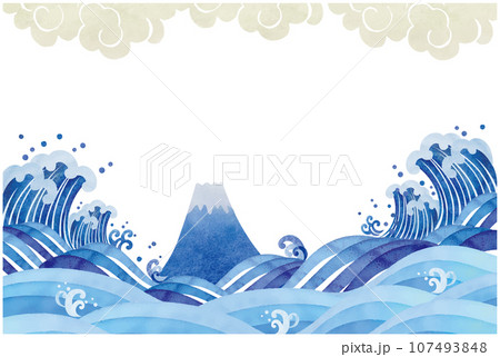 和風の青い波の水彩フレーム 107493848