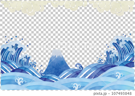 和風の青い波の水彩フレーム 107493848