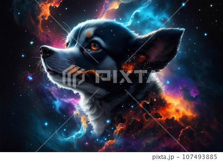 Illustration of a Puppy Dog in Space Nebula with Glowing Galaxy Universe Background. Esoteric and Wild Animal Concept Design for Poster, Banner, Invitation, Greeting Card or Cover. Ai Generated. 107493885