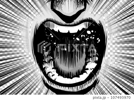 勢い良く叫んでいる口元のイラスト 107493970