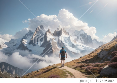 Illustration of a man hiking a trail through the mountains 107495007