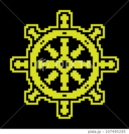 Steering wheel ship Pixel silhouette icon, fishing boat. Yacht management at sea. Simple black and yellow vector 107495285