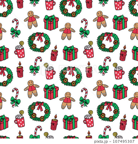 pattern gifts, wreath, sugar cane, hot chocolate, gingerbread pattern gifts, wreath, sugar cane, hot chocolate, gingerbread 107495307