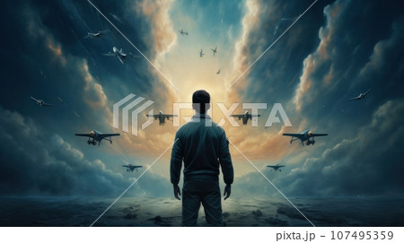 A man looking up in the sky watching military jets fly by A man looking up in the sky watching military jets fly by 107495359