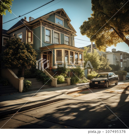 An old house sitting on side of the street An old house sitting on side of the street 107495376