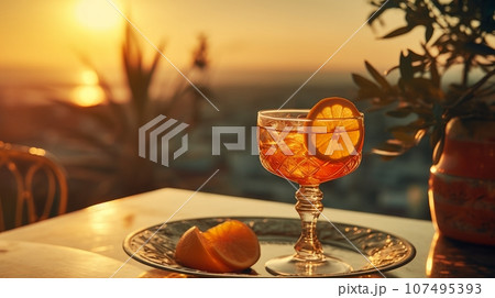 Glass of cocktail on the sunset Glass of cocktail on the sunset 107495393