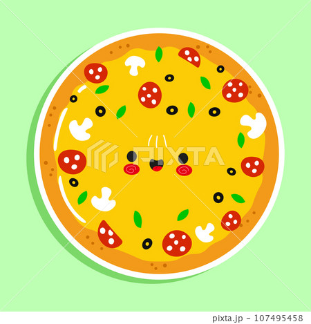 Pizza sticker character. Vector hand drawn cartoon kawaii character illustration icon. Isolated on green background. Pizza character concept 107495458