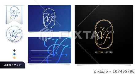 VF monogram letter Elegant line art initial logo design template for business cards templates, branding company identity, advertisement materials golden foil, collages prints, ads campaigns marketings 107495796