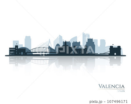 Valencia skyline silhouette with reflection. Valencia skyline silhouette with reflection. 107496171