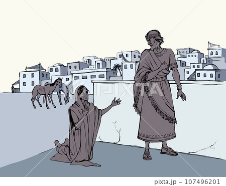 A starving woman asks for help. Vector drawing 107496201