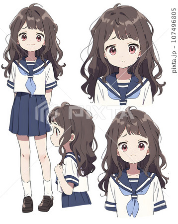 女子高生のキャラクターシート　デフォルメイラスト（AI生成画像） 107496805