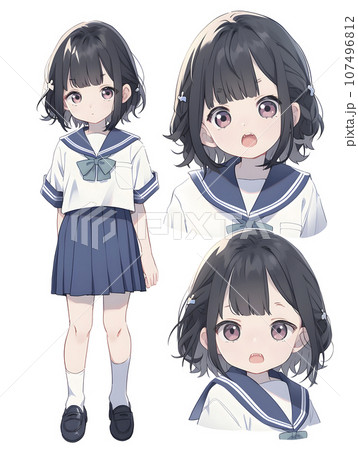 女子高生のキャラクターシート　デフォルメイラスト（AI生成画像） 107496812