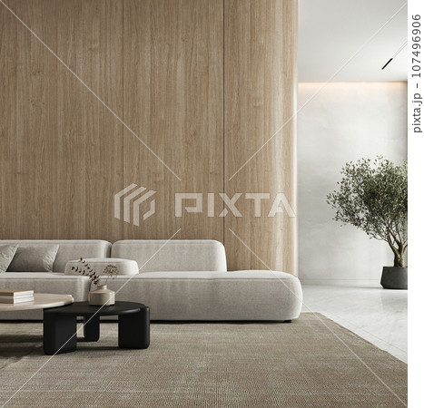 Beige minimal livingroom with large modular sofa, plants and decor - carpet background. Light modern japanese nature view. 3d rendering. High quality 3d illustration Beige minimal livingroom with large modular sofa, plants and decor - carpet background. Light modern japanese nature view. 3d rendering. High quality 3d illustration 107496906
