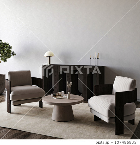 Boho classic gray livingroom interior design with chairs, green plant, commode and grey stucco wall background. Light modern japanese nature view. 3d rendering mock up. High quality 3d illustration 107496935