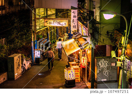 日本の川崎都市景観 10月・レトロな飲み屋街・溝の口駅西口商店街などを望む 107497251
